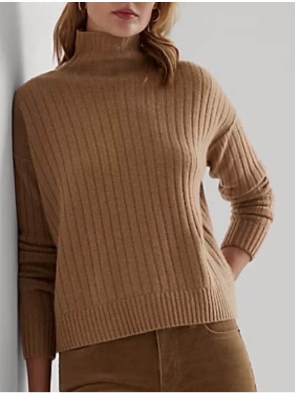 Lauren Ralph Lauren Cashmere Ribbed Mock neck Camel Sweater M